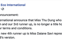 Thông báo tước danh hiệu của Thư Dung từ BCT cuộc thi Hoa hậu Sinh thái Quốc tế
