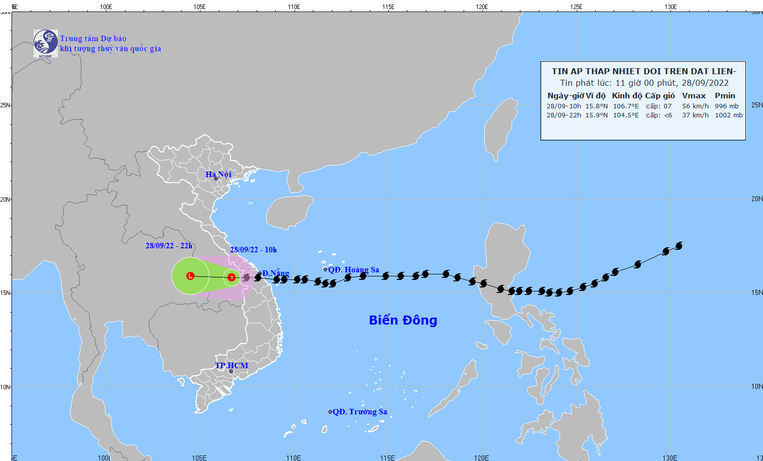 Vị trí và đường đi của áp thấp nhiệt đới suy yếu từ bão số 4. Ảnh: KTTV.