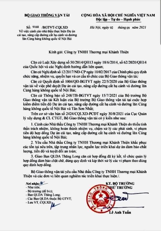 Văn bản cảnh cáo công ty Khánh Thiện của Bộ GTVT.