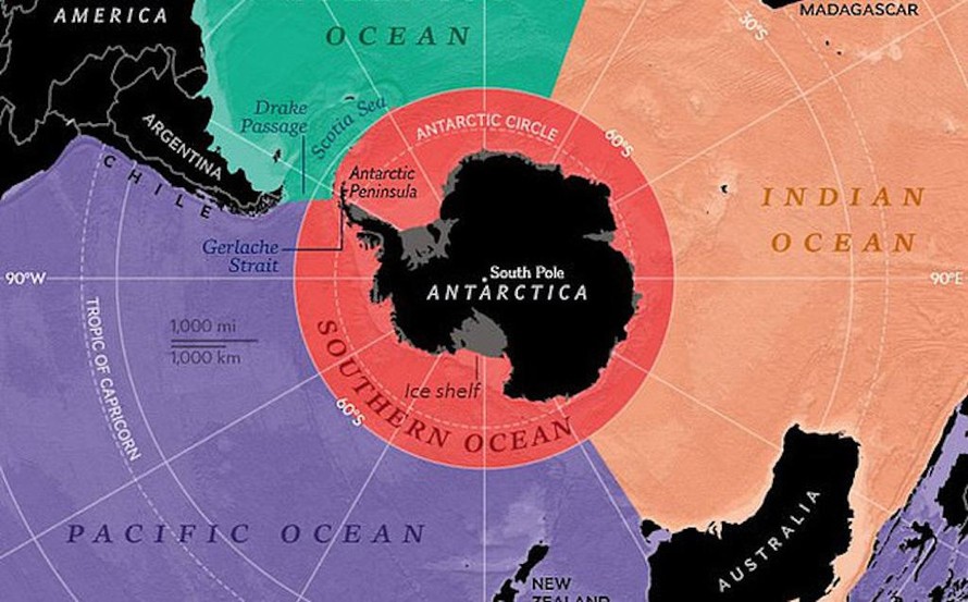 Nam Đại Dương (màu đỏ) bao quanh Nam Cực và tiếp giáp với Đại Tây Dương, Ấn Độ Dương và Thái Bình Dương. Nguồn: National Geographic