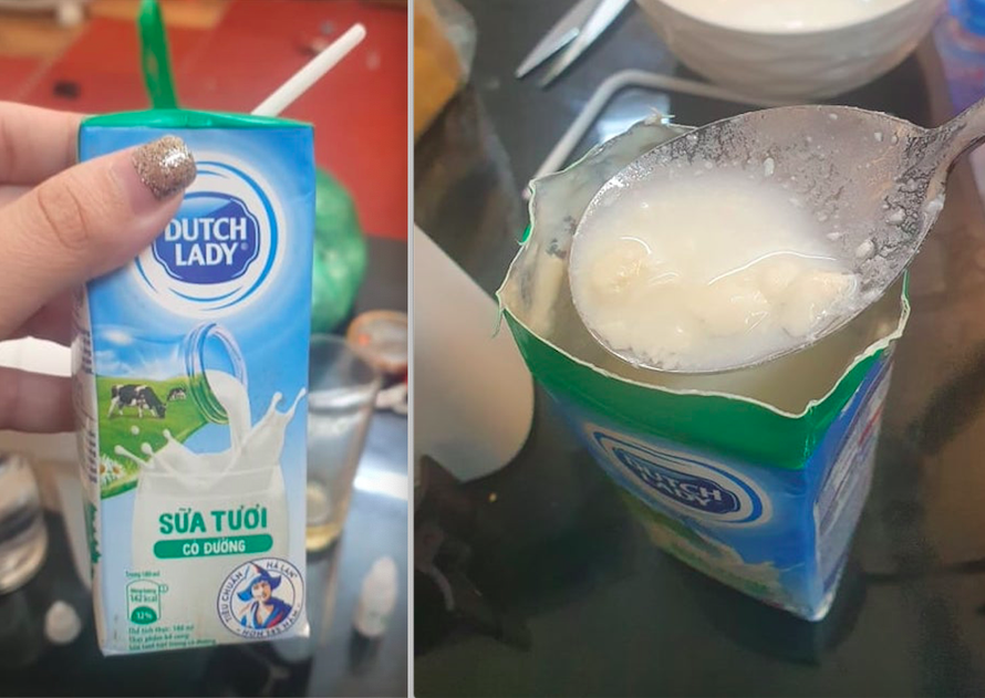 Theo phản ánh của chị Thảo, phần sữa bên trong hộp sữa tươi Dutch Lady 180ml đã bị vón cục gần hết và bốc ra mùi hôi nồng nặc, rất khó chịu. (Ảnh do NVCC)