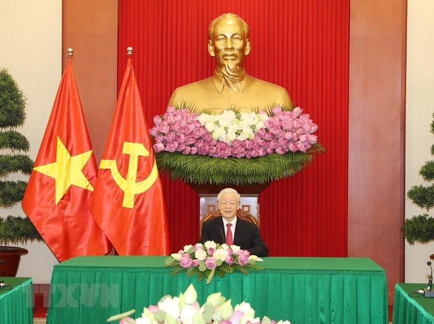 Tổng Bí thư Nguyễn Phú Trọng tại cuộc điện đàm - Ảnh: TTXVN