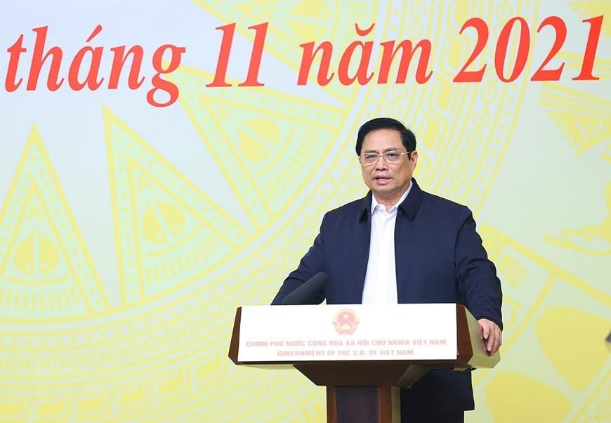 Thủ tướng Phạm Minh Chính, Chủ tịch Ủy ban Quốc gia về Chuyển đổi số phát biểu khai mạc. Ảnh: Dương Giang/TTXVN 