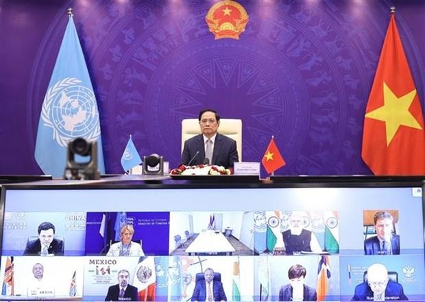 Thủ tướng Phạm Minh Chính phát biểu tại Phiên thảo luận mở Cấp cao của Hội đồng Bảo an LHQ về chủ đề "Thúc đẩy An ninh Biển và Một số lĩnh vực hợp tác quốc tế" tháng 8/2021. (Ảnh: Dương Giang/TTXVN) 