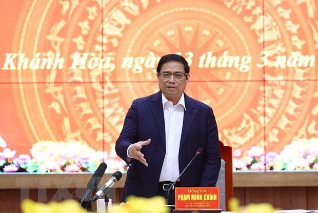 Thủ tướng Phạm Minh Chính kết luận buổi làm việc với lãnh đạo chủ chốt tỉnh Khánh Hòa. (Ảnh: Dương Giang/TTXVN)