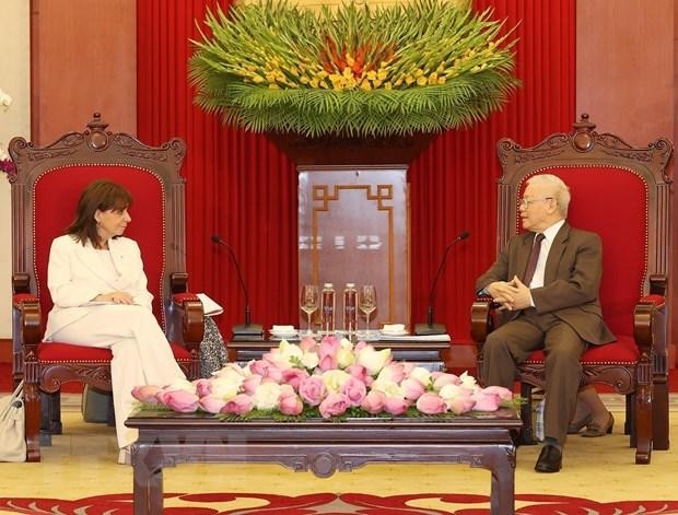 Tổng Bí thư Nguyễn Phú Trọng và Tổng thống Hy Lạp Katerina Sakellaropoulou tại buổi tiếp. (Ảnh: Trí Dũng/TTXVN) 
