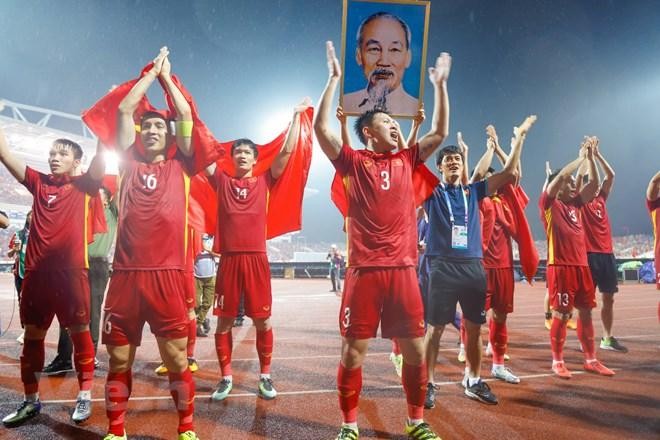 U23 Việt Nam đã không giấu được niềm vui, niềm hạnh phúc sau tấm HCV SEA Games. (Ảnh: Hải An/Vietnam+)