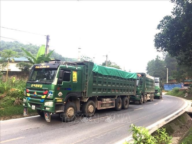 Đoàn xe chở quá tải trọng tại Yên Bái. (Ảnh: TTXVN)