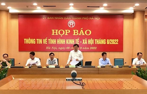 Lãnh đạo các đơn vị chức năng của Hà Nội tại phiên họp báo chiều 9/9 về kinh tế-xã hội. (Ảnh: Xuân Quảng/Vietnam+) 