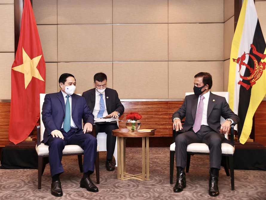 Thủ tướng Phạm Minh Chính nhấn mạnh Việt Nam coi trọng phát triển quan hệ với Brunei, đồng thời khẳng định Việt Nam ủng hộ vai trò Chủ tịch ASEAN 2021 của Brunei Darussalam. Ảnh: VGP