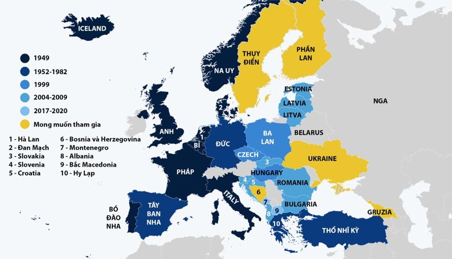 Bảy thập kỷ phát triển của NATO ở châu Âu. Đồ họa: Statesman.