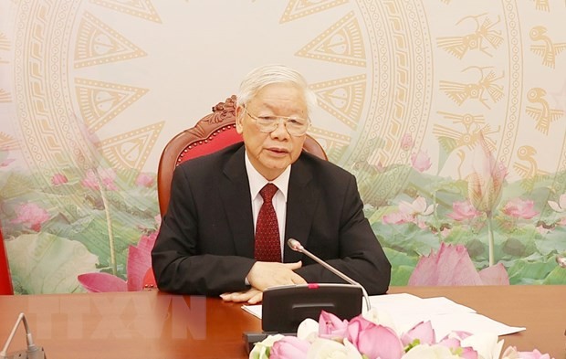 Tổng Bí thư, Chủ tịch nước Nguyễn Phú Trọng điện đàm trực tiếp với Tổng Bí thư, Chủ tịch nước Lào Bounnhang Vorachith. Ảnh: TTXVN
