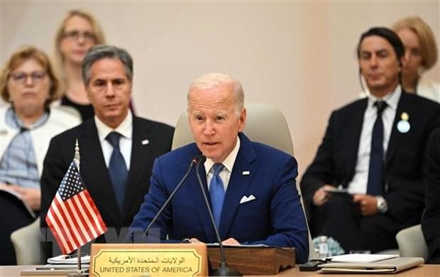 Tổng thống Mỹ Joe Biden phát biểu tại Hội nghị thượng đỉnh Hội đồng Hợp tác vùng Vịnh (GCC) cùng 3 nước Ai Cập, Jordan và Iraq (GCC+3) ở Jeddah (Saudi Arabia) ngày 16/7. (Ảnh: AFP/TTXVN)