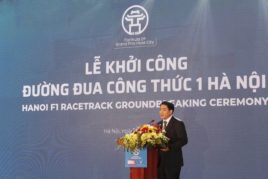 Ông Nguyễn Đức Chung – Chủ tịch UBND thành phố Hà Nội phát biểu tại sự kiện Hà Nội khởi công đường đua công thức 1 sáng ngày 20/3/2019.