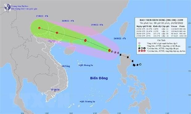 Bản đồ đường đi của bão số 3 trên biển Đông (sáng 24/8). 