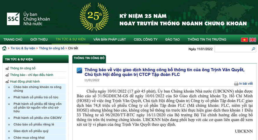 Thông báo của Uỷ ban Chứng khoán Nhà nước về việc bán cổ phiếu FLC của ông Trịnh Văn Quyết.