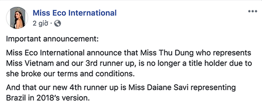 Thông báo tước danh hiệu của Thư Dung từ BCT cuộc thi Hoa hậu Sinh thái Quốc tế