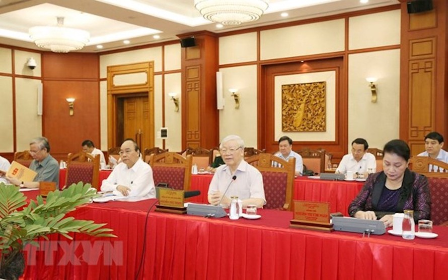 Tổng Bí thư, Chủ tịch nước Nguyễn Phú Trọng chủ trì buổi làm việc của tập thể Bộ Chính trị với Thường vụ Đảng ủy Công an Trung ương. 