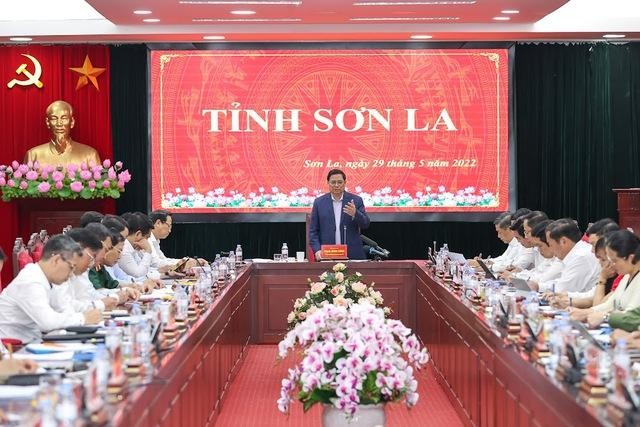 Thủ tướng Phạm Minh Chính và Đoàn công tác của Chính phủ có buổi làm việc với Ban Thường vụ Tỉnh ủy Sơn La. Ảnh: VGP