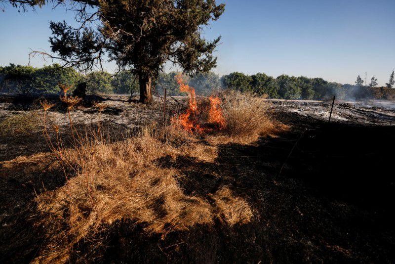 Một cánh đồng bốc cháy được nhìn thấy sau khi người Palestine ở Gaza phóng bóng bay gây cháy qua biên giới giữa Gaza và Israel, gần Nir Am, ngày 15/6/2021. (Ảnh: REUTERS/Amir Cohen)
