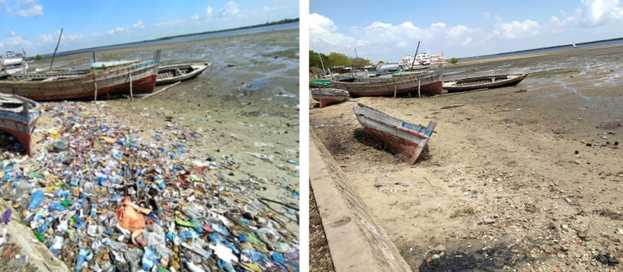 Hình ảnh trước và sau của một phần hoạt động dọn dẹp bãi biển do thanh niên ở Lamu, Kenya thực hiện. Ảnh: Maureen Kombo