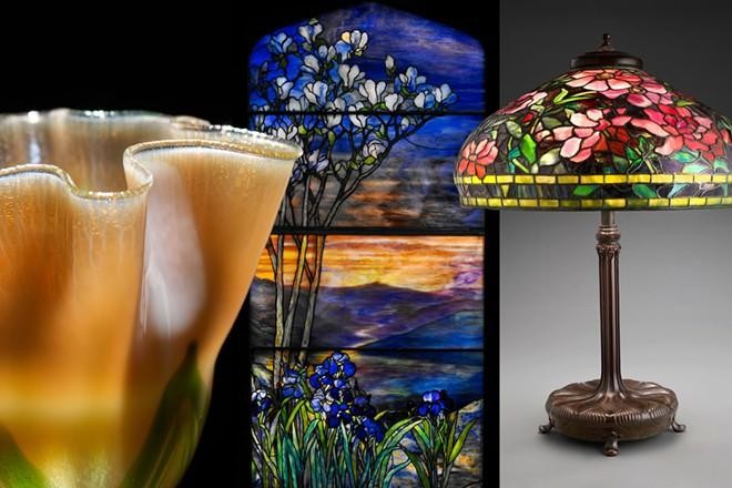 Từ trái sang: Bình hoa Floriform, cửa sổ "The River of Life" (Dòng sông của sự sống) và đèn Peony (mẫu đơn).