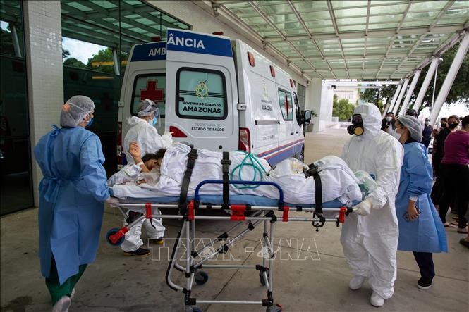 Nhân viên y tế chuyển bệnh nhân COVID-19 vào bệnh viện ở bang Amazon, Brazil. Ảnh: AFP/TTXVN