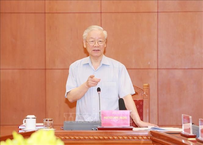Tổng Bí thư Nguyễn Phú Trọng, Trưởng Ban Chỉ đạo phát biểu kết luận cuộc họp. Ảnh: Phương Hoa/TTXVN
