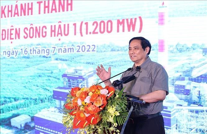 Thủ tướng Phạm Minh Chính phát biểu tại lễ khánh thành Nhà máy nhiệt điện Sông Hậu 1. Ảnh: Dương Giang/TTXVN